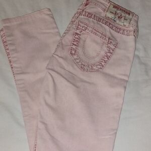 True Religion Pink Skinny Jeans with Intricate Stitching